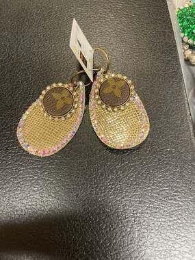 Pink Panache Upcycled LV Monogram Leather and Crystal Teardrop Earrings